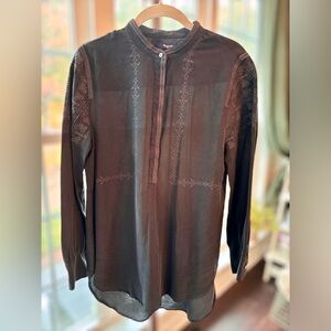 Madewell Women's Black Silk Long Sleeve Tunic Blouse Embroidered Size Medium